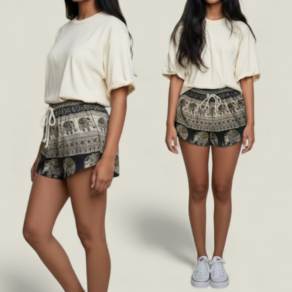 Tribal Elephant Print Athletic Shorts, Boho Vibe, lightweight, Summer, Size S